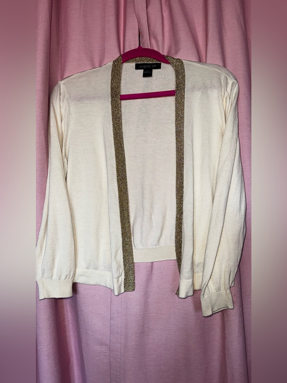 august silk Cream Open-Front Cardigan with Metallic Gold Trim